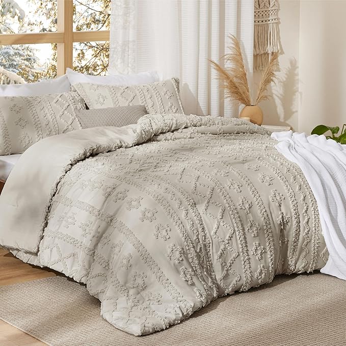 Bedsure Tufted Boho Comforter Set Queen Size - Linen Boho Bed Set, GentleSoft™ 3 Pieces Farmhouse Shabby Chic Embroidery Bedding, Gifts for Woman, Soft Jacquard Queen Comforter for All Seasons
