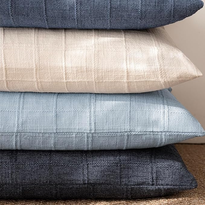 Foindtower Set of 2 Decorative Linen Check Throw Pillow Covers Neutral Farmhouse Vintage Cushion Covers Modern Boho Accent Home Decor for Sofa Chair Couch Bedroom Living Room,22×22 Inch,Sky Blue