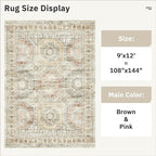 9x12 Area Rugs for Living Room, Non Slip Machine Washable Vintage Rugs, Low Pile Lightweight Large Rug for Bedroom, Dining Room, Home Office Brown Pink