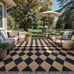 Lanffia Checkered Easy Jute Washable Rugs 8x10, Black Living Room Rug for Dining Room Diamond Indoor Outdoor Carpet, Large Non Slip Low Pile Farmhouse Checkerboard Rug for Classroom Patio