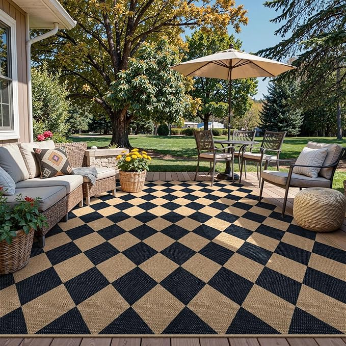 Lanffia Checkered Easy Jute Washable Rugs 8x10, Black Living Room Rug for Dining Room Diamond Indoor Outdoor Carpet, Large Non Slip Low Pile Farmhouse Checkerboard Rug for Classroom Patio