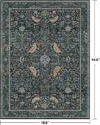 Soft Washable 9x12 Area Rug for Living Room, Bedroom Stain Resistant - Dark Blue Dining Rugs for Under Table, Non-Slip 9 by 12 Low Pile Boho Room Décor for Bedroom, Vintage Bird Floral Design Carpet