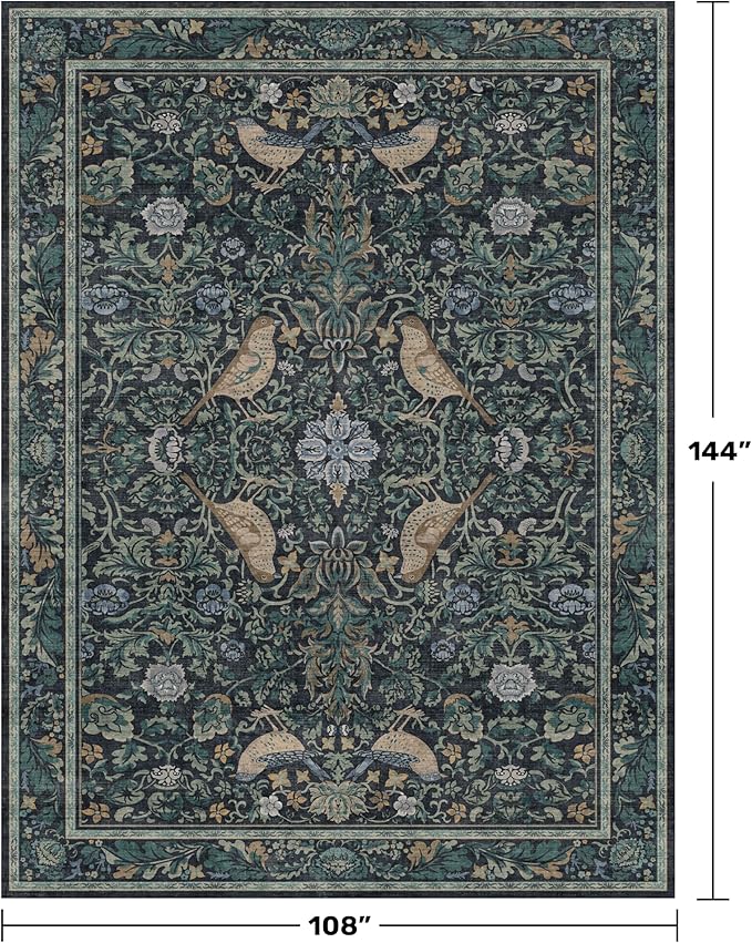 Soft Washable 9x12 Area Rug for Living Room, Bedroom Stain Resistant - Dark Blue Dining Rugs for Under Table, Non-Slip 9 by 12 Low Pile Boho Room Décor for Bedroom, Vintage Bird Floral Design Carpet