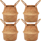 Qunclay 4 Pcs Woven Seagrass Baskets Belly Basket Folding Boho Natural Plant Pot with Handles Round Decorative Wicker Large Indoor Planter for Home Outdoor Tree Planters Decor (S,8.7''dx7.9''h)