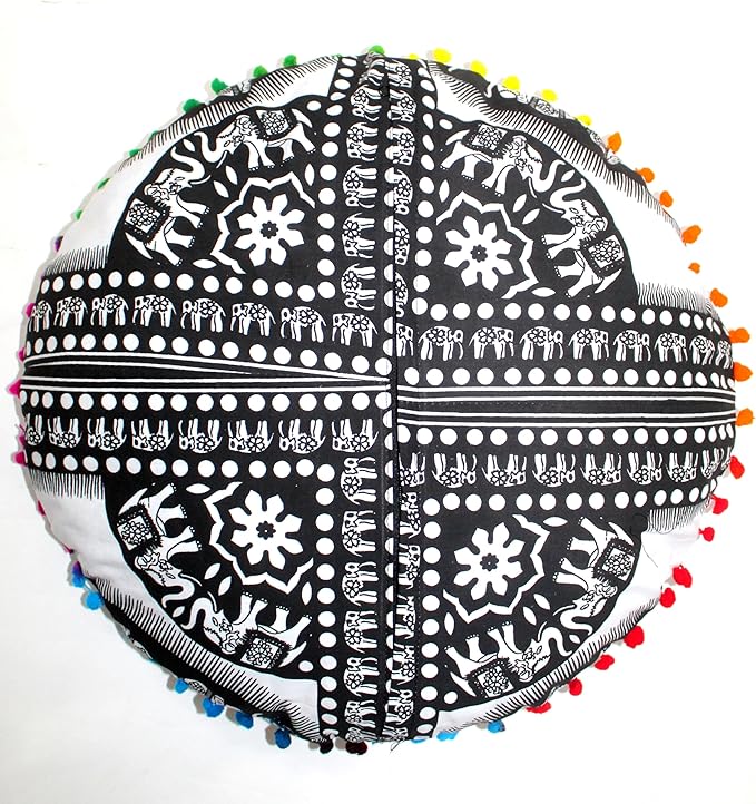 CRAFT KALA 22" Bohemian Floor Pillow Pouf Cover Mandala Boho Large Round Meditation Room Pillow Covers for Adults Seating Poufs Cushion Cover for Kids Playroom Black and White Elephant