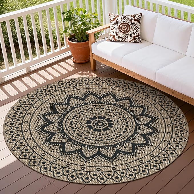 Outdoor Round Rug 5ft, Easy Jute Rug Washable Indoor Outdoor Patio Rug, Non Slip Round Area Rug Farmhouse Front Door Mat,Boho Lightweight Carpet for Backyard Patio Entry (Black, 5 Ft)