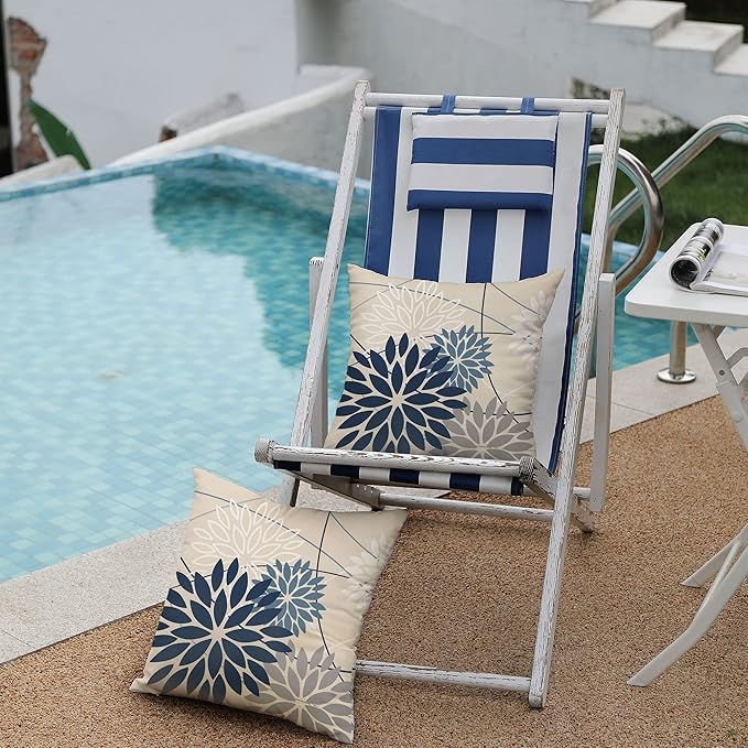 Blue and Gray Floral Pillow Covers 24x24 Set of 2 Outdoor Waterproof White Colored Decorative Throw Pillows Summer Pillowcase Polyester Cushion Case Decor for Couch Patio Funiture Garden Porch 01B24