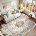 Area Rugs 6'x9' Washable Non-Slip, Floral Vintage Distress Print Pattern Medallion Carpet for Living Room Bedroom Dining Room, Beige Navy Blue Orange Colorful