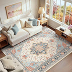 Area Rugs 6'x9' Washable Non-Slip, Floral Vintage Distress Print Pattern Medallion Carpet for Living Room Bedroom Dining Room, Beige Navy Blue Orange Colorful