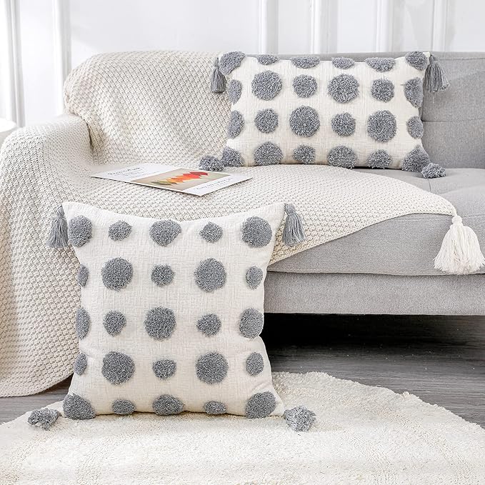 PANOD Super Soft Farmhouse Decorative Plush Throw Pillow Covers 18 x 18 Grey,Solid Pom pom Tufted with Tassels Modern Accent Boho Square Cushion Cover Pillow Case for Couch Sofa