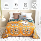 Boho Throw Blanket for Bed 100% Cotton Soft Lightweight Quilt Floral Embroidery Home Decor Spring Breathable Bed Blanket,60"x80" All Season Reversible Twin Yellow Blankets for Sofa Couch Chair