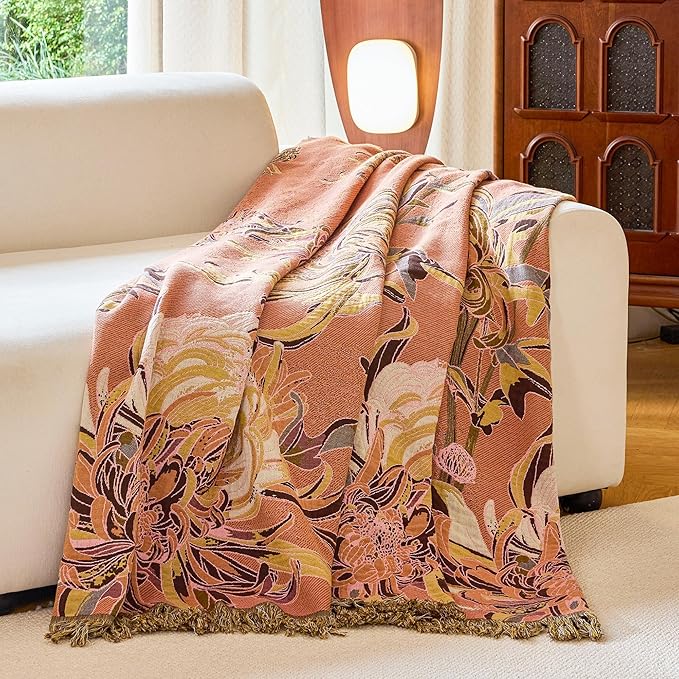 King Boho Throw Blanket 91" x 98", 100% Organic Cotton Breathable Skin-Friendly Ultra Soft Bed Quilt Throw - Floral Rustic Decor Luxury Reversible Blanket for Sofa Couch Chair and Gift