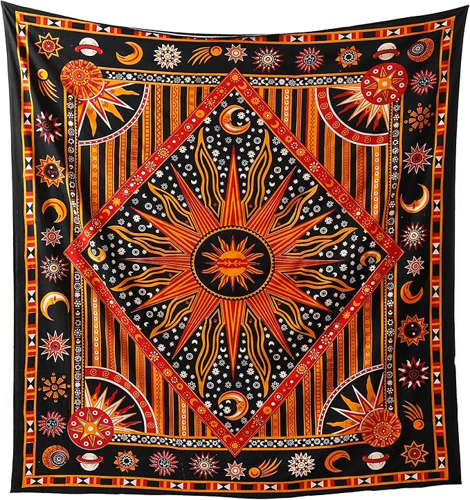 Popular Handicrafts Wall Hanging Tapestry For Bedroom Hippie Burning Sun and Moon Meditation Bohemian Hippy Psychedelic Design Indian Tapestries Bedspread 90 x 108 inches (230cm x 270cm) Green