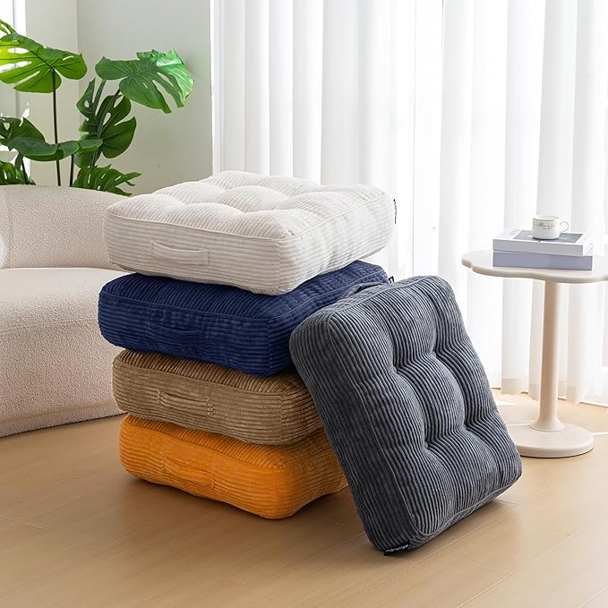 HIGOGOGO 6" Extra Thick Floor Pillow Cushion for Adults, Meditation Cushion Pillow, Large Square Floor Sitting, Tufted Corduroy Cover, for Tatami Living Room or Yoga, 22x22 Inch, 2Pack, Coffee