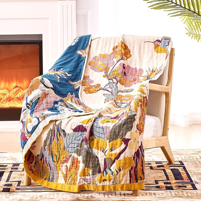 Boho Floral Throw Blanket, 100% Cotton Muslin Ultra Soft Sofa & Couch Cover, Bohemian Home Decor Gauze Quilt (Flower and Butterfly, 50"x60"(Throw))