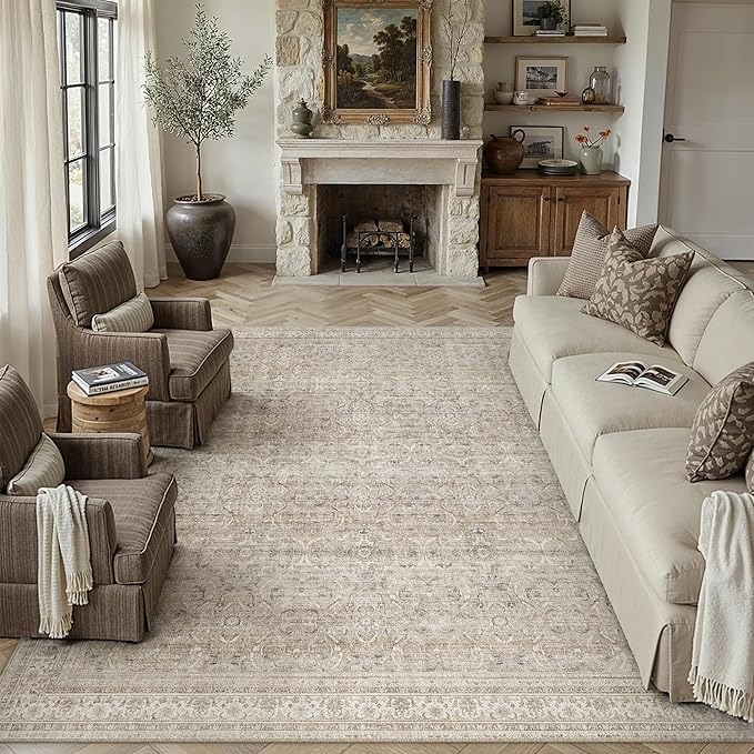 HUGEAR Area Rug 8x10 Vintage Beige Machine Washable Living Room Rugs Distressed Retro Floral Vacuumable Low Pile Carpet Bedroom Office Dining Room Laundry Room Non Slip Soft Lightweight