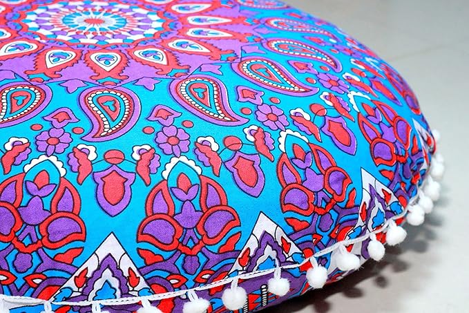 Round Mandala Floor Pillow Cover Seating Cushion Throw Cover Ottoman Pouf Cover Pom Pom Pillow Cases Hippie Decorative Bohemian Boho Indian 22 Inches (Purple Blue)