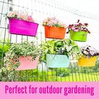 LaLaGreen Outdoor Hanging Planter (11.2 Inch, 6 Pack) Light Blue, Green, Neon Pink, Yellow, Orange, Peachy Pink Metal Iron Window Box Flower Pot Deck Railings Fence Rail Bucket Porch Home Garden Decor