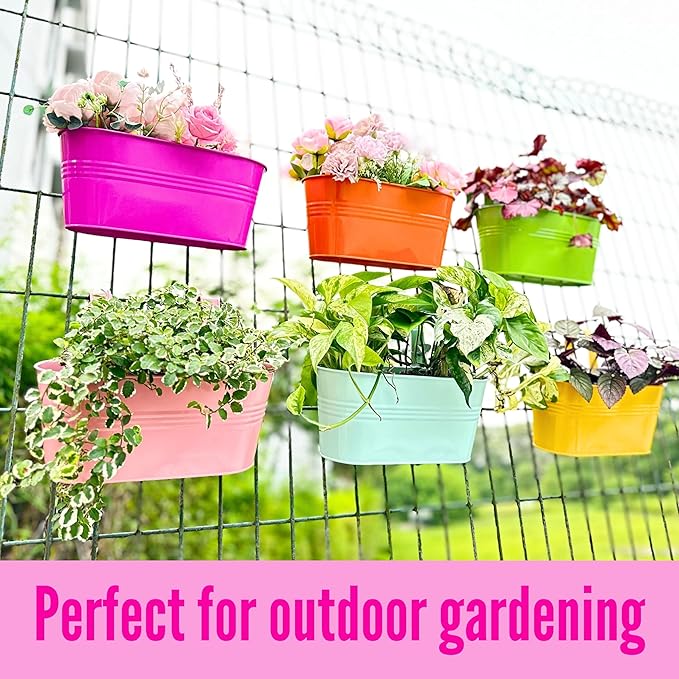 LaLaGreen Outdoor Hanging Planter (11.2 Inch, 6 Pack) Light Blue, Green, Neon Pink, Yellow, Orange, Peachy Pink Metal Iron Window Box Flower Pot Deck Railings Fence Rail Bucket Porch Home Garden Decor