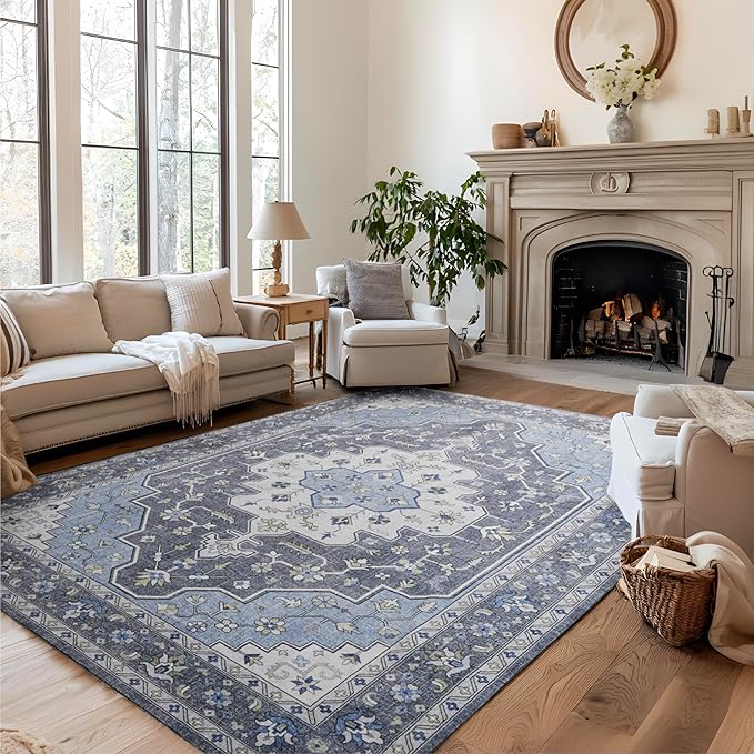 Bedsure 3x5 Area Rugs for Living Room, Machine Washable Rugs, Non-Slip Backing, Non-Shedding, Vintage Low Pile Easy Care Throw Carpet for Bedroom Dining Room, Medium Gray