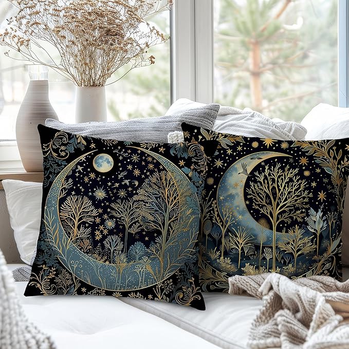 Vintage Dark William Morris Moon Night Forest Decor Pillow Covers 18x18 Set of 2,Black Forest Decor,Dark Dcademia Floral Decorative Throw Pillow Covers for Home Bedroom Living Room
