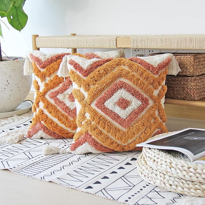 JOJUSIS Boho Throw Pillow Covers with Handmade Tassels Decorative Woven Tufted Orange Fall Pillowcase for Couch Bedroom 18 x 18 Inch Set of 2