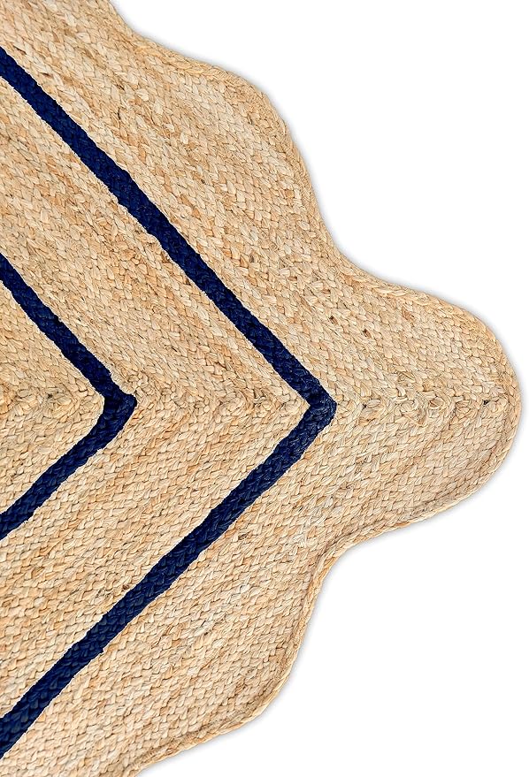 Wave Scalloped Natural Jute Rug Boho Jute Rug Entryway Runner Rug Farmhouse Scallop Rug, Navy (11'x14')