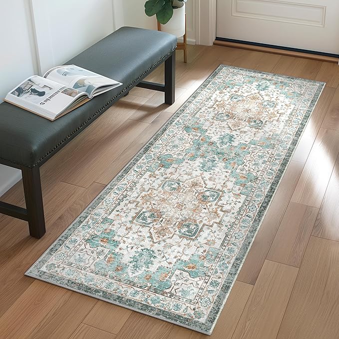 GENIMO 2x4 Runner Rugs for Hallway, Machine Washable Non Slip Vintage Rugs, Low Pile Lightweight Soft Print Rug for enrtyway, Corridor, Home Office, Kitchen, Cyan