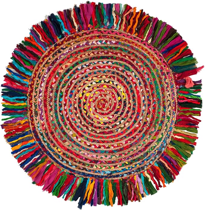 SAFAVIEH Cape Cod Collection Area Rug - 9' Round, Ivory & Red, Handmade Boho Fringe Jute & Cotton, Ideal for High Traffic Areas in Living Room, Bedroom (CAP206A)