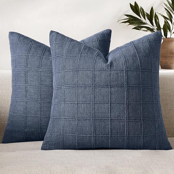 Woaboy Linen Check Throw Pillow Covers Dark Blue Farmhouse Modern Boho Vintage Coastal 18x18 Inch Set of 2 Decorative Cushion Covers for Sofa Couch Bedroom Living Room Home Decor