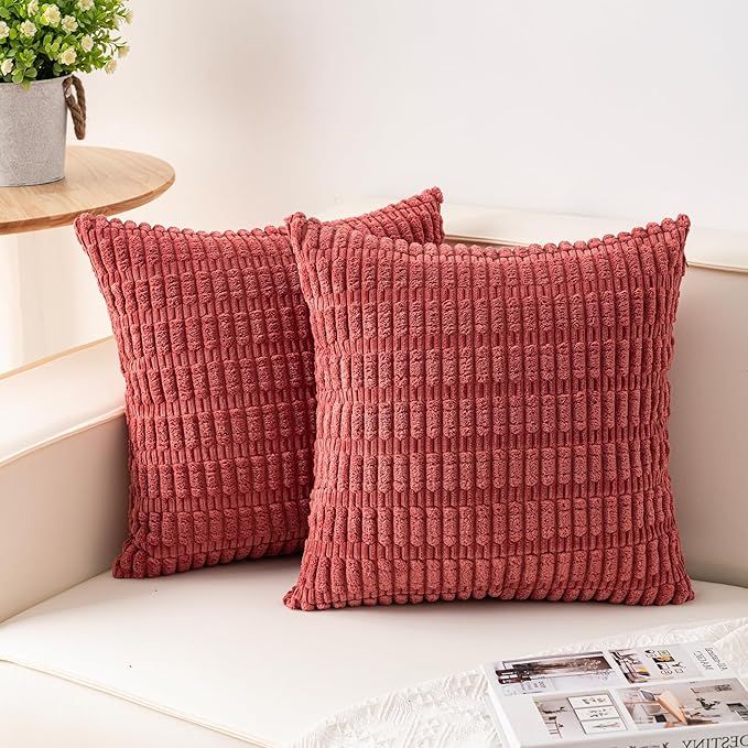 Pack of 2 Corduroy Decorative Throw Pillow Covers 18x18 InchSoft Boho Striped Pillow Covers Modern Farmhouse Home Decor for Sofa Living Room Couch Bed（Cranberry Red）