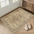 FMFUNCTEX Entryway Rug 2x3 Washable Brown Vintage Distressed Door Mat Non Slip Low Pile Indoor Carpet Soft Retro Floral Small Throw Area Rugs for Entry Way Entrance Bedroom Kitchen Bathroom Laundry