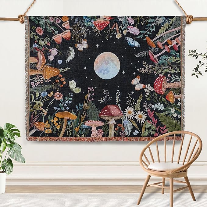 Woven Throw Blanket Moon Plant Boho Chic Decor Reversible Cute Cotton Boho Throw Blanket Witchy Throws Blankets with Tassels Moonlit Garden Blankets Bohemian Room Decor Luxury Christmas Throws 51”x59”