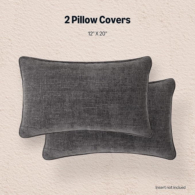 Amazon Basics Faux Linen Throw Pillow Covers with Hidden Zipper Closure, 12 × 20in, Dark Gray, Pack of 2