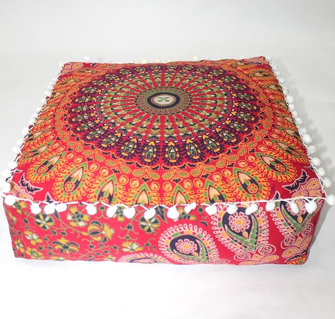 CRAFT KALA Red Peacock Large Hippie Mandala Meditation Floor Ottoman Pillow Cushion Pouf Cover Square Poufs Bohemian Circle Floor Cushion Case Outdoor Fireplace Yoga Living Room Decor Cover 24" Square