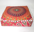 CRAFT KALA Red Peacock Large Hippie Mandala Meditation Floor Ottoman Pillow Cushion Pouf Cover Square Poufs Bohemian Circle Floor Cushion Case Outdoor Fireplace Yoga Living Room Decor Cover 18" Square