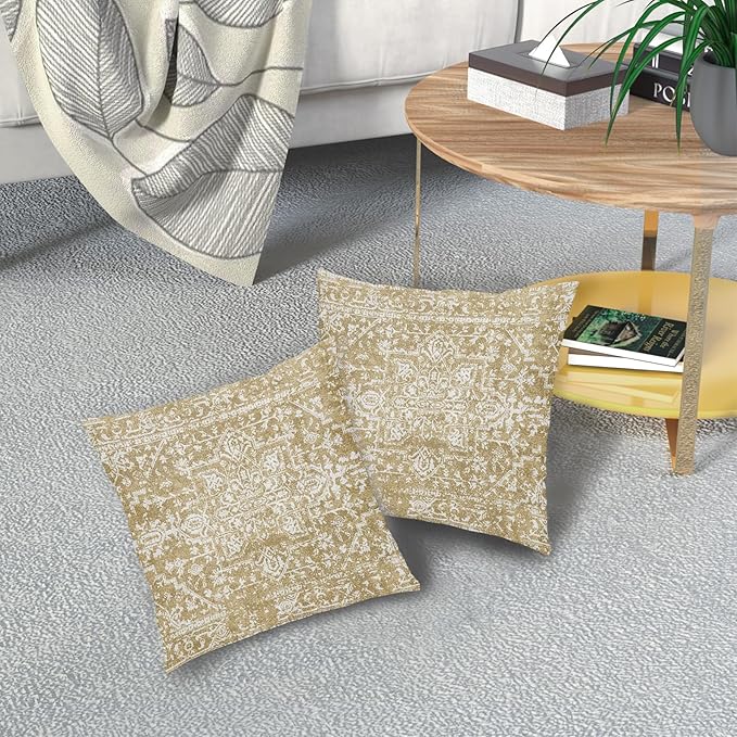 Tan Brown Gray Boho Throw Pillow Covers 16x16 Inch Decorative Square Bohemian Carpet Pattern Ethnic Pillow Cases Rustic Vintage Rug Cushion Covers Farmhouse Home Decor For Sofa Couch Outdoor Set of 2