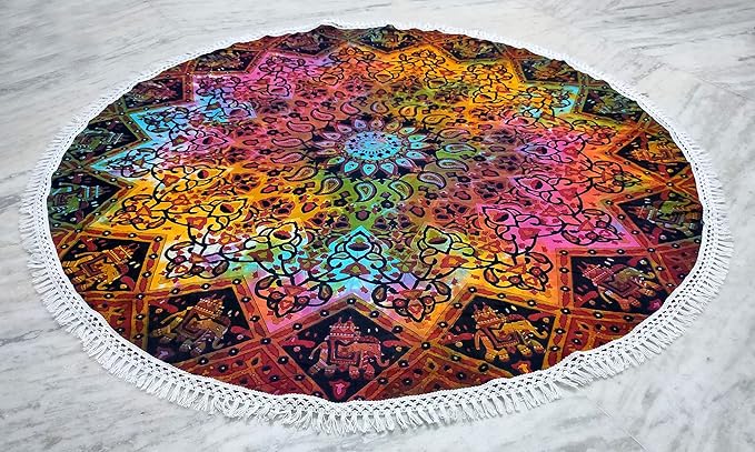 Round Beach Tapestry Turquoise Mandala Throw/Boho Hippie Beach Blanket Roundie/Indian Cotton Bohemian Large Round Table Cloth-Home Decor/Yoga Mat Meditation Picnic Rug (70", Multi Blue)
