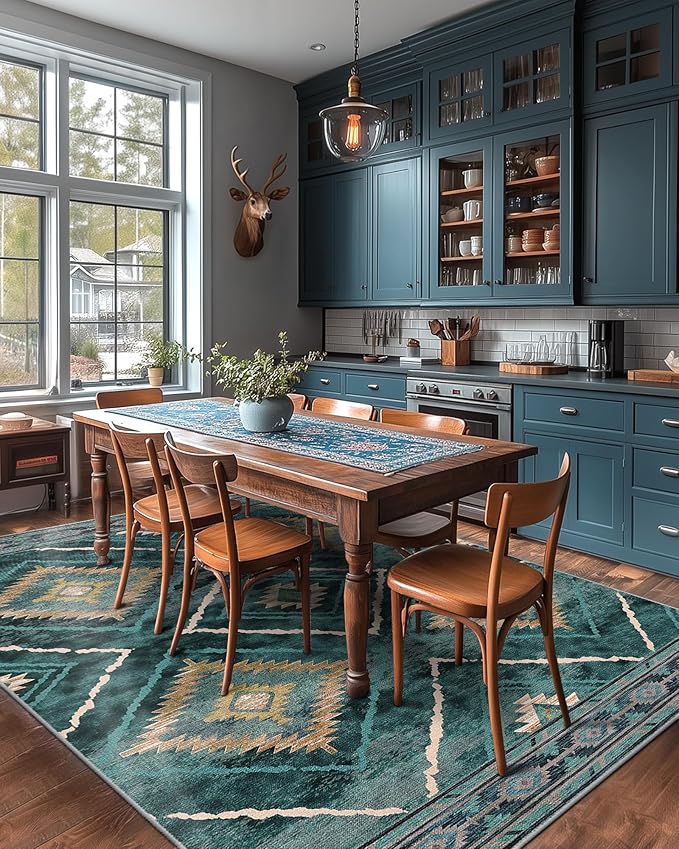 Area Rug 5x7 Rug Machine Washable Non-Slip Low Pile Print Pattern Western Rug for Living Room Bedroom Entryway Tribal Series -Teal/Green
