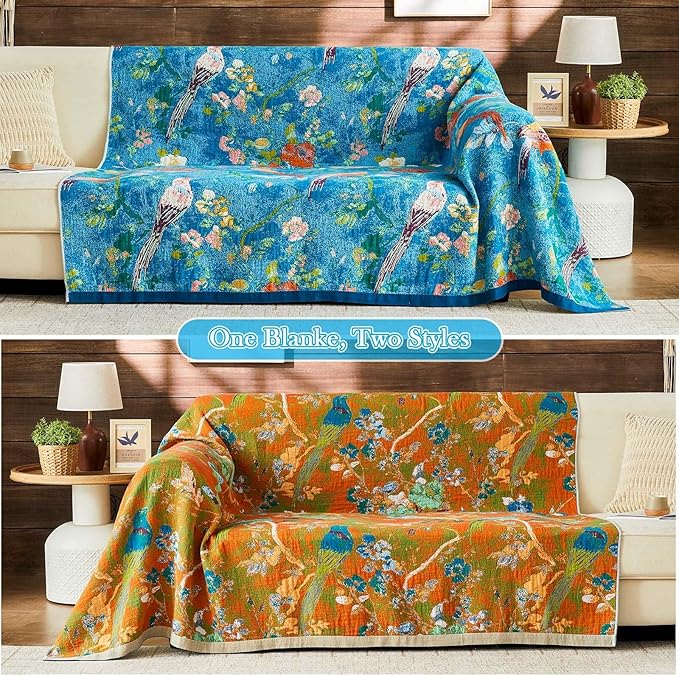 Boho Throw Blanket 100% Cotton Muslin Woven Blanket Bohemian Bed Throws Vintage Rustic Farmhouse Decor Reversible Bed Blanket Quilt for All Seasons（Blue 60"x80"）