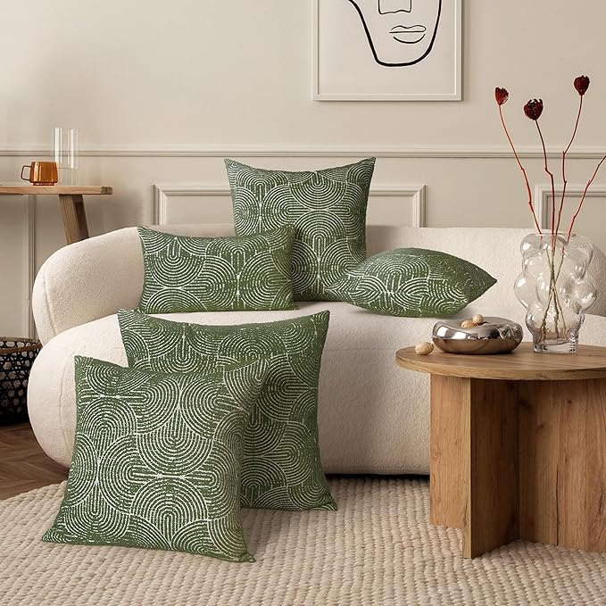 AELS Boho Decorative Textured Lumbar Pillow Covers 12x20, Modern Mid Century Rainbow Tufted Lumbar Pillow Case, Farmhouse Rustic Geometric Woven Cushion Case for Bed Couch Sofa, Olive Green