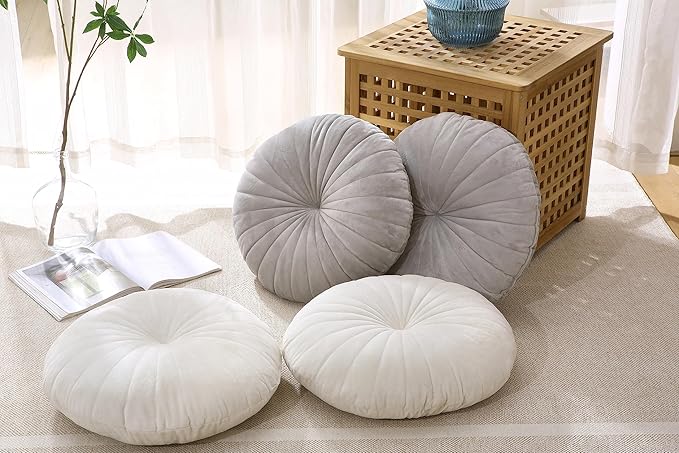 Floor Pillow Meditation Cushion Round Large Floor Pillows Seating for Adults, Velvet Thick Floor Cushions for Yoga Living Room Balcony Outdoor Tatami 18inch（Grey）