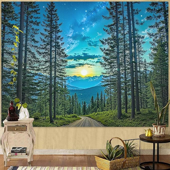 Accnicc Forest Road Tapestry Green Nature Pine Tree Wall Tapestry for Bedroom Aesthetic Starry Mountain Outdoor Landscape Small Tapestries Wall Hanging for Dorm Living Room Decor 48 x 36 Inch