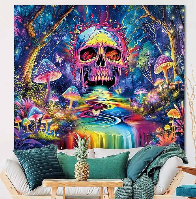 Skull Mushroom Tapestry Magical Forest Tapestries Butterfly Wall Tapestry Magic Neon River Wall Hanging Galaxy Planet Tapestries for Home Decor Aesthetic Bedroom Living Room Dorm Decor (59"x51")