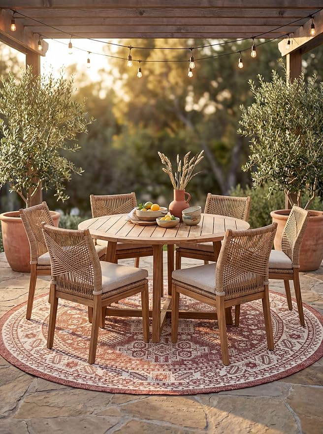 Rugs.com Outdoor Aztec Collection Rug – 10 Ft Round Rust Red Flatweave Rug Perfect for Kitchens, Dining Rooms