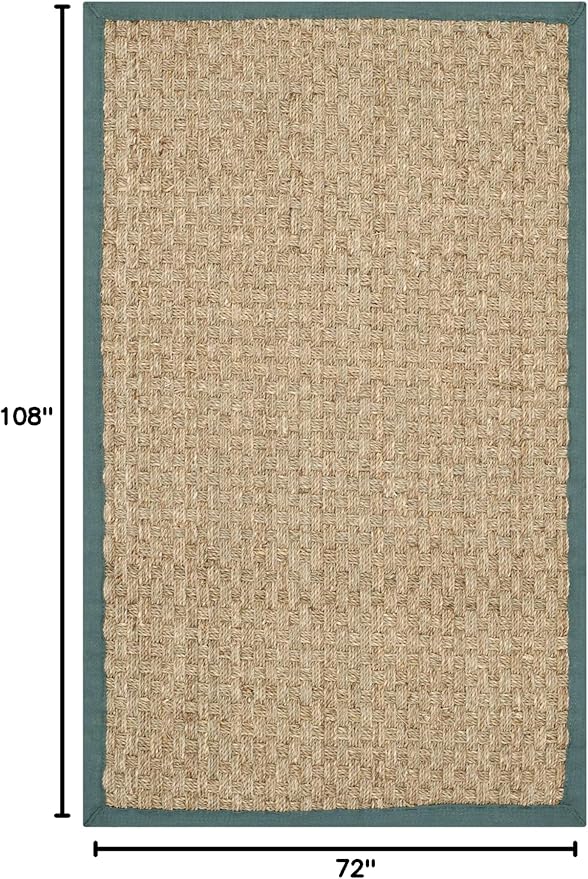 SAFAVIEH Area Rug 6x9 - Natural Fiber Collection - Natural & Light Blue, Seagrass, Basketweave Pattern with Border (NF114M)