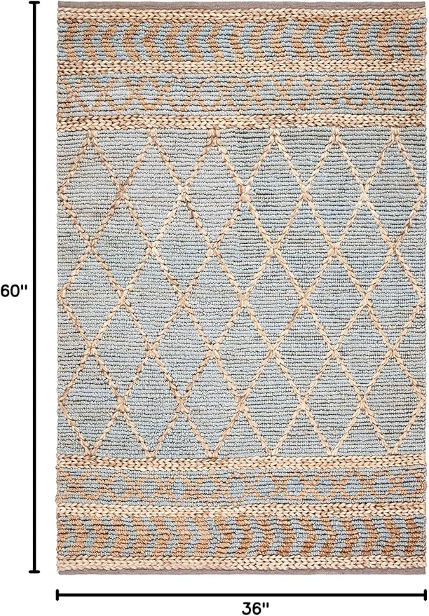 SAFAVIEH Natural Fiber Collection Accent Rug - 3' x 5', Natural & Blue, Handmade Boho Moroccan Trellis Jute, Ideal for High Traffic Areas in Entryway, Living Room, Bedroom (NF955N)