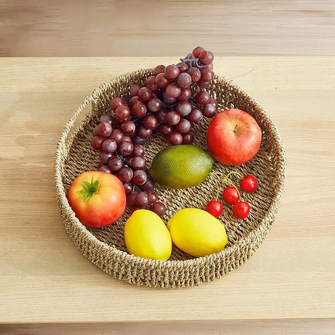 13 inch Round Wicker Tray, Hand-Woven Rattan Serving Trays with Handles for Snack Drinks Coffee Table Tray, Seagrass 1Pack