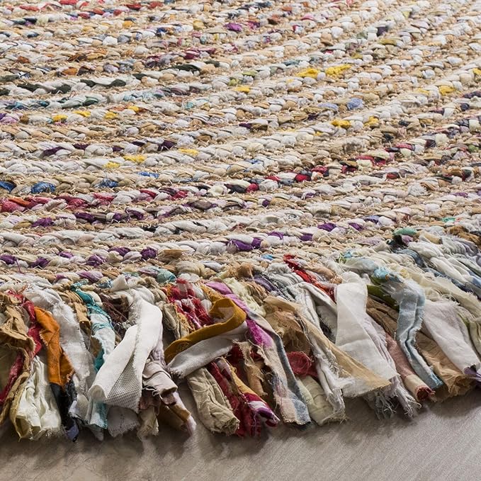SAFAVIEH Cape Cod Collection Area Rug - 10' Round, Ivory & Light Beige, Handmade Boho Fringe Jute & Cotton, Ideal for High Traffic Areas in Living Room, Bedroom (CAP206B)