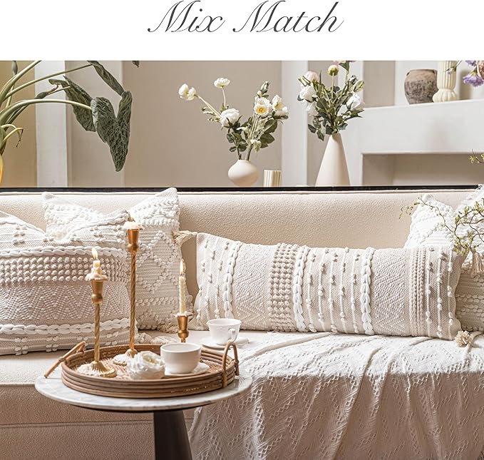 BlissBlush Cream Decorative Lumbar Throw Pillow Cover 14x36 Boho Long Cushion for Bed Neutral Beige White Accent Modern Farmhouse Pillowcase for Bedroom Living Room Couch Sofa Home Décor Cover ONLY
